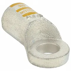 This straight, tin-plated side terminal lug accepts 4/0 gauge wire and a 1/2 inch stud. It supports both crimp and solder termination for secure electrical connections. The yellow color coding aids wire size identification. Typical applications include battery power maintenance and heavy equipment wiring.