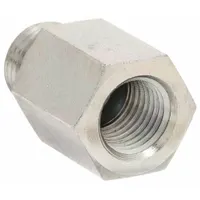 Steel hydraulic hose adapter with female NPTF and male ORB threads in a rigid straight configuration. Used to transition between NPTF and ORB thread types in hydraulic systems, connecting a 1/4 in NPTF female port to a 3/8 in ORB male fitting