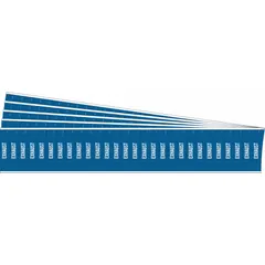 Blue adhesive pipe markers with white 'Exhaust' legend for identifying exhaust piping systems. Each 5-pack contains 28 markers fitting pipe O.D. of 3/4 in and smaller. Markers are without arrows and suitable for industrial facilities requiring clear pipe identification.