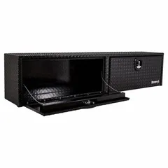 This topside truck box features double drop-down doors with a T-handle compression lid and keyed lock, finished in gloss black. It provides secure, organized storage for tools and equipment in truck beds, suitable for contractors and fleet maintenance.