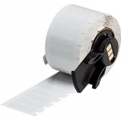 White autoclavable polyester label roll, 3/8 in x 3/8 in. Designed for use with BMP71 printer (requires Media Adapter) and M61-R6410 ribbon. Suitable for labeling equipment and instruments that undergo repeated autoclave sterilization in laboratory or industrial settings.