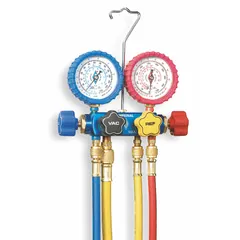 The IMPERIAL 631-CKP is a Series 600 analog manifold gauge set designed for use with R-134A refrigerant. It features four valves and four hoses, and includes gauge boots for protection. This kit is used for measuring pressure and performing service tasks on R-134A refrigeration and air conditioning systems.