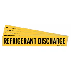 Yellow adhesive pipe marker with black legend text reading 'Refrigerant Discharge'. Designed for pipes with an outer diameter of 8 inches and larger. Sold in a pack of 5. Suitable for identifying refrigerant discharge lines in industrial piping systems.