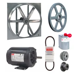 This belt-drive reversible panel fan is designed for industrial ventilation, providing either exhaust or supply air in warehouses, factories, and commercial buildings. It features a 36-inch blade driven by a 3/4 hp open dripproof motor, operating on 208-230/460V AC three-phase power. The drive package facilitates efficient air movement for large-volume applications.