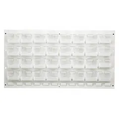 QUANTUM STORAGE SYSTEMS Louvered Panel: 20 in x 36 in x 1/4 in, 1 Sides, 32 Bins, White (MPN QLP-3619HC-210-32CL). Key specifications — Bin Style: Hang and Stack; Color: White; Bin Color: Clear; Finish: Powder Coated; Brand: QUANTUM STORAGE SYSTEMS.