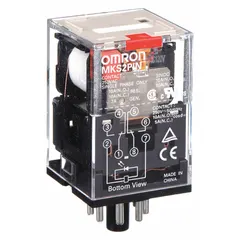 Plug-in relay with octal base and 8 round pins. DPDT contact configuration rated 10 A at 30V DC resistive load. Coil voltage 120V AC. Suitable for general-purpose switching in industrial control panels and automation systems.