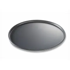 This solid anodized aluminum pizza pan has a 16 5/8 in overall diameter and 14 ga gauge. The pre-seasoned coating provides a non-stick surface for easy release and cleanup. Suitable for commercial baking of pizzas, flatbreads, and similar items in foodservice operations.