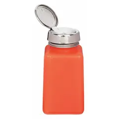 HDPE dispensing bottle with a 177.4 mL (6 fl oz) capacity. Orange body, silver closure, and dropper tip for controlled drop-by-drop application. Closure included; bottle is non-sterile and supplied without a label. Suitable for precise dispensing of liquids in laboratory, industrial, or maintenance tasks.