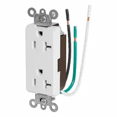 General purpose duplex receptacle rated 20 A, 125 V AC, NEMA 5-20, 2-pole/3-wire. White finish. Suitable for use in residential, commercial, and light industrial applications where 20 A, 125 V equipment is used.