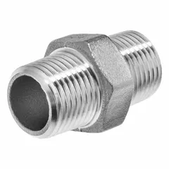 This straight pipe fitting connects two male NPT threaded pipes of the same size in a linear configuration. Rated for a maximum operating pressure of 150 psi, it is suitable for low-pressure pneumatic, hydraulic, and fluid transfer systems requiring a leak-resistant joint.