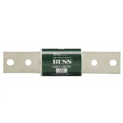Bolt-to-bolt limiter fuse rated for 600 V AC, accommodating 750 kcmil copper and aluminum conductors. Features a center bolt-to-offset bolt connection configuration. Used for overcurrent protection in power distribution systems.