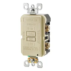 Blank face GFCI device rated 125V AC and 20A with manual reset, 2-pole, 3-wire configuration in an ivory finish. Designed for permanent installation without receptacle openings, providing ground fault protection for hardwired equipment in wet or damp locations.
