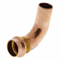 This 90° elbow from the NIBCO PressG series is used in plumbing systems to change pipe direction. It connects 1 in CTS copper tubing with a press-fit connection and HNBR O-ring, providing a leak-resistant joint in water supply lines. Constructed of copper or bronze