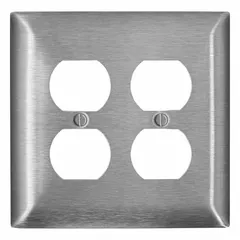 General-purpose wall plate for duplex outlets. Constructed from stainless steel. 2-gang, midsize design fits standard outlet boxes. Suitable for covering and protecting electrical outlets in residential and commercial settings.