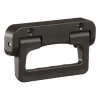 This folding pull handle is made of black plastic with an 80 mm mounting hole center-to-center distance. It accepts M6 screws for installation and is designed for use on industrial enclosures, machinery doors, and panels where a space-saving folding design is required