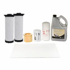 Maintenance kit for rotary screw air compressors. Includes Ultra Coolant and replacement filters. Designed for scheduled service to maintain compressor efficiency in industrial applications.