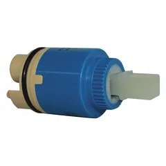 Disc faucet cartridge for use with hot and cold water. Constructed of brass and plastic with a ceramic disc. Compatible with Speakman Tiber Series faucets.