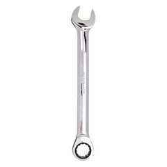 Alloy steel construction with a chrome finish. SAE 12-point ratcheting box end for faster fastener turning without repositioning. Standard (non-reversible) design. Overall length 19-5/8 in. Head size 1-1/2 in. Suitable for tightening or loosening fasteners in maintenance and repair tasks.