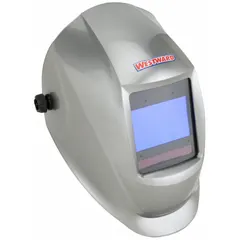 Auto-darkening welding helmet with a gray nylon shell and digital ADF controls. Features four arc sensors, a welding shade range of W5-13, and a 3.82 in x 2.44 in viewing area. Includes grind mode and ratchet suspension adjustment for secure fit. Suitable for arc welding and grinding applications.