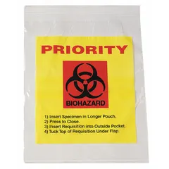 Dual Pouch Specimen Transfer Bags, Clear, Biohazard, 2 mil, 15 in, Zipper, Non-Sterile, 1,000 PK