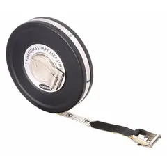 KESON MC-1810-50 manual closed-reel long tape measure with a 50 ft fiberglass blade. Features a double-sided SAE/Engineers scale with 1/8 in graduations and a stainless steel nonmagnetic double hook. Suitable for measuring distances in construction, surveying, and engineering layout tasks.