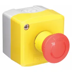SCHNEIDER XALK178EH7 is a red mushroom head push-button control station with Emergency Stop legend. It features 1NO/1NC contacts, no pilot lights, and is oil- and dust-tight. Suitable for industrial environments requiring immediate machine shutdown.