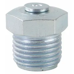 This pressure-relief breather vent features a basic grease fitting design with a steel body and 1/8"-27 PTF thread. With an overall height of 1/2 in, it is used to relieve pressure and allow air exchange in lubrication systems. Sold in a pack of 10.