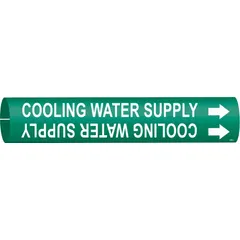 Green pipe marker with white legend reading 'Cooling Water Supply' and directional arrows. Fits pipe outer diameters from 3/4 to 1-3/8 inches. Used to identify cooling water supply lines in piping systems.