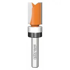 Carbide-tipped flush-trim profile router bit with a 1/2 in cutter diameter and 2 flutes. Designed for trimming laminate, veneer, or solid wood flush with a substrate, following a template or bearing. Suitable for handheld or table-mounted routers in woodworking applications such as countertop fabrication, cabinet making, and furniture production.