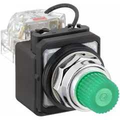 This green LED pilot light is designed for 30 mm panel mounting and operates at a maximum supply voltage of 120 V AC. It includes a push-to-test function for verifying lamp operation without removal. Used in industrial control panels to indicate equipment status such as power-on or normal operation.