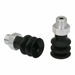 Multi-bellows vacuum pad assembly with 2.5 folds, designed for handling sensitive components in electronics manufacturing. Features G1/8 in connection, 19 mm pad diameter, NBR material with 55 A hardness, black color, and 28.6 mm pad height. Suitable for pick-and-place operations of small, delicate parts.