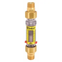 This HEDLAND flowmeter is an inline variable-area type for water, with a scale display reading in gallons. It offers +/-5% accuracy and features Buna-N seals and O-rings. Universal mounting orientation allows installation in various positions. Typical applications include monitoring flow in industrial water systems, cooling circuits, and process lines.