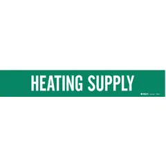 Green adhesive pipe marker with white legend text reading 'Heating Supply'. Fits pipe outer diameters from 2-1/2 to 7-7/8 inches. Supplied without arrows. Used for identifying heating supply lines in piping systems.