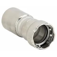 Stainless steel press fitting for potable water systems. Connects 1 1/2 in pipe to 3/4 in pipe with FTG x Press-fit connection and FKM seal. Used in commercial and industrial plumbing for leak-free joints.