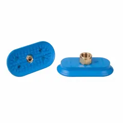 This flat oval vacuum pad assembly is designed for handling tasks in automotive manufacturing, such as lifting and moving sheet metal, glass, or plastic components. It features a 3/8 in NPT connection, a 50 mm_100 mm pad diameter, and is made of blue NBR rubber with a 45 A durometer hardness. The NBR material provides good grip on oily or slightly rough surfaces.