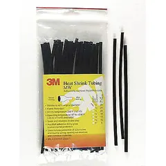 Black adhesive-lined heat shrink tubing with 0.45 in inner diameter before shrinking and 0.11 in after shrinking. Each piece is 6 in long, supplied in a pack of 100. Used for insulating, sealing, and protecting electrical connections and cables from moisture, abrasion, and corrosion.