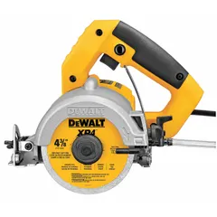 Handheld masonry saw for wet or dry cutting of brick, block, tile, and stone. Operates on 120 V AC with a maximum cutting depth of 1 3/16 in. Suitable for construction and renovation tasks requiring portability.