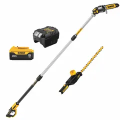 This combination kit includes an 8-inch pole saw for cutting tree limbs and a 22-inch hedge trimmer for shaping hedges. Powered by a 20V MAX* 5.0 Ah battery, it enables cordless operation for trimming and pruning tasks in landscaping.