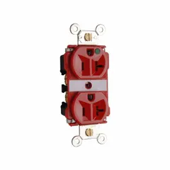 General purpose duplex receptacle with ground fault circuit interrupter. Rated 125V AC, 20A, 2-pole/3-wire, NEMA 5-20R configuration. Red housing. Suitable for use in areas requiring GFCI protection.
