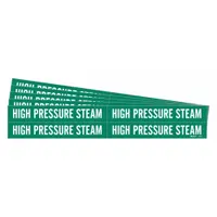 Green adhesive pipe marker with white legend reading 'High Pressure Steam'. Fits pipe outer diameters from 3/4 to 2-3/8 inches. Each pack contains 4 markers without directional arrows, supplied in a 5-pack quantity. Used for labeling steam piping in industrial facilities to aid identification and safety