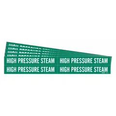 Green adhesive pipe marker with white legend reading 'High Pressure Steam'. Fits pipe outer diameters from 3/4 to 2-3/8 inches. Each pack contains 4 markers without directional arrows, supplied in a 5-pack quantity. Used for labeling steam piping in industrial facilities to aid identification and safety.