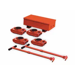 This machine roller kit includes 15 steel rollers with a rubber-padded top plate for moving heavy loads. It has a 33,000 lb capacity, 5 in deck height, and measures 5 3/4 in L x 5 3/4 in W. The kit is finished in red and comes with a storage case. Typical applications include industrial plant maintenance, rigging, and equipment relocation.