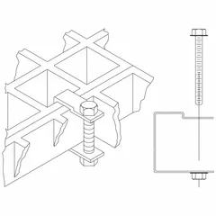 F-4 clip assembly, clip only, made from 316 stainless steel. Used to secure fiberglass grating to support structures in corrosive environments.
