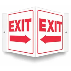V-shape projection exit sign with nominal size 6 in x 8-1/2 in and 0.06 in thickness. Made of PETG with mounting holes for wall or ceiling installation. Printed on one side, not retroreflective, and does not glow in the dark. Used to indicate emergency exit routes in industrial and commercial facilities.