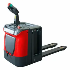 This ride-along electric pallet jack is designed for moving palletized loads in warehouses and distribution centers. It features standard steel forks with dimensions of 48 in length and 27 in width across forks, 15 in between forks, and a 24V battery. The unit includes a disc brake for controlled stopping.