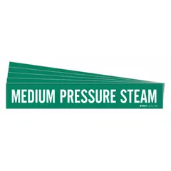 Green adhesive pipe marker with white legend text reading 'Medium Pressure Steam' without arrows. Fits pipe outer diameters from 2-1/2 to 7-7/8 inches. Supplied in a 5-pack for identifying medium pressure steam lines in industrial piping systems.