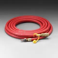 This 25-foot rubber airline hose with 1/2-inch inside diameter and 3/8-inch male pipe thread fittings is rated for a maximum pressure of 125 psi. It supplies breathable air from a compressed air source to a supplied-air respirator (SAR) facepiece. Typical applications include painting, chemical handling, and abrasive blasting where respiratory protection is required.