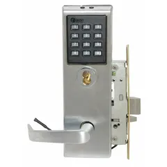 This BEST storeroom lever lockset features a satin chromium-plated stainless steel finish and a 40HZ escutcheon style. It is ADA compliant with an interchangeable core, designed for interior doors requiring keyed entry from outside and free egress from inside, such as storage rooms and utility closets. Not ligature-resistant and without visual indicator.
