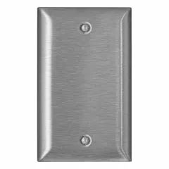 Blank 1-gang standard-size wall plate made of stainless steel. Covers unused electrical boxes or provides a finished appearance in residential and commercial installations.