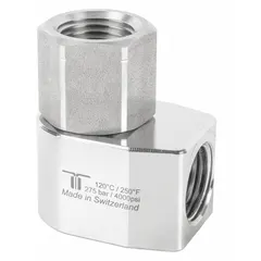 This MOSMATIC rotary union is a nickel-plated C38500 brass elbow with a single passage and a 1/2 in threaded rotating shaft, rated for a maximum speed of 30 RPM. It is used to transfer fluid or gas from a stationary supply line into rotating equipment, common in rotary indexing tables, packaging machinery, and light industrial automation.
